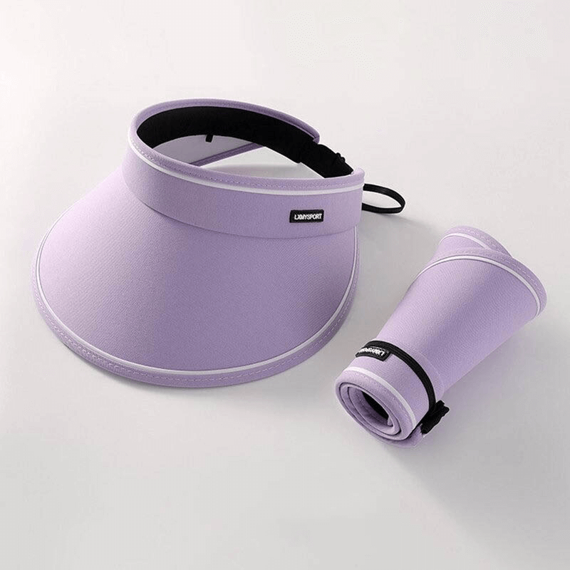 Women's foldable sun visor cap in lavender, adjustable for secure fit, sun proof with hollow design, perfect for outdoor activities.